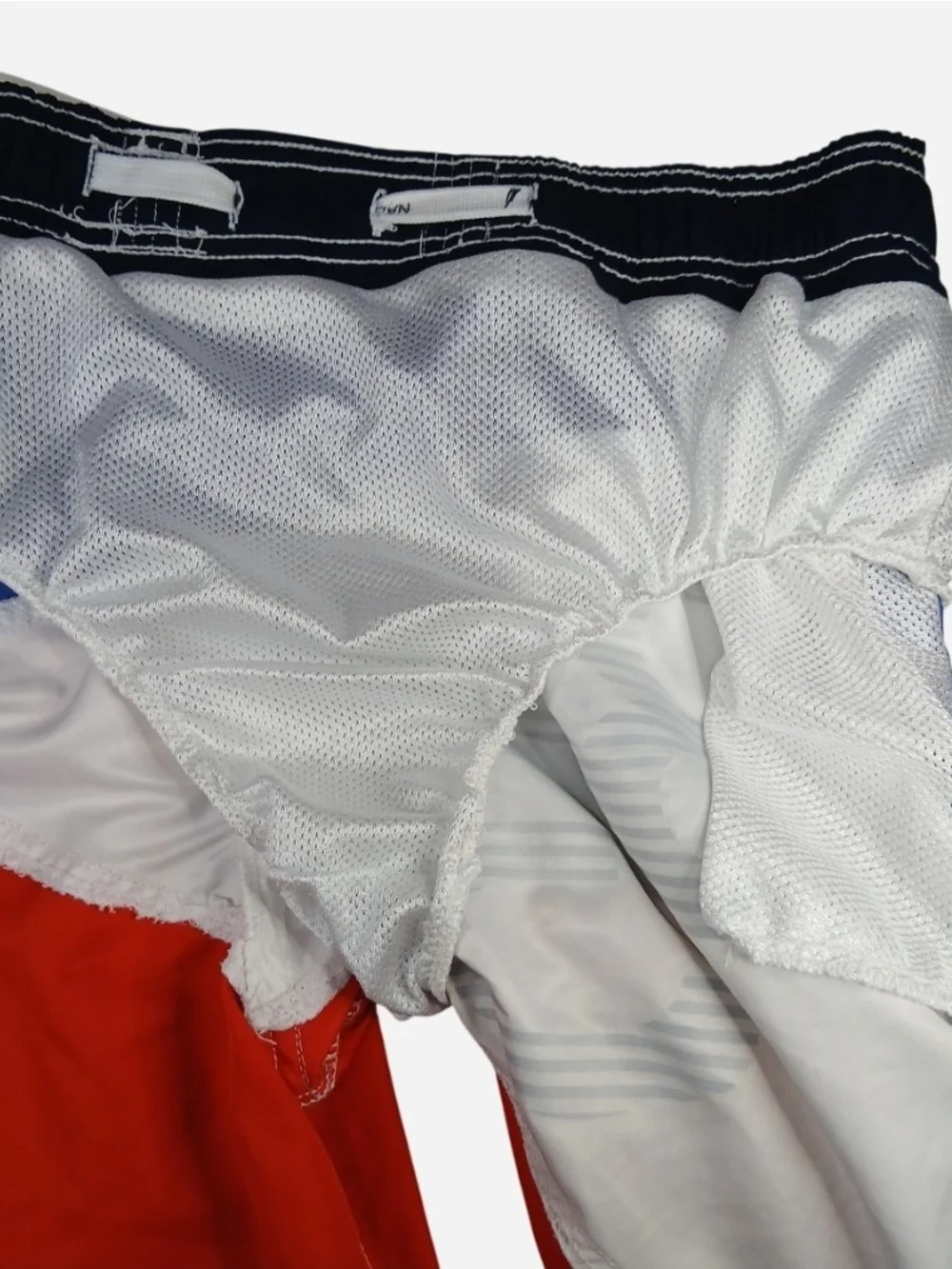 Nautica Navy and White Mesh Lined Swim Shorts Label Detail